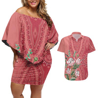 Africa King Proteas Dashiki Motif Couples Matching Off Shoulder Short Dress and Hawaiian Shirt Peach Style LT9 - Wonder Print Shop