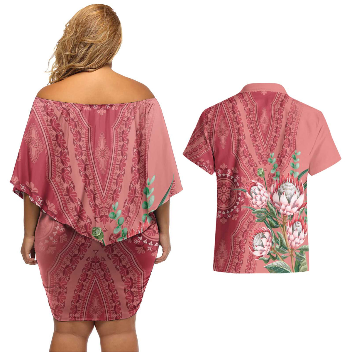 Africa King Proteas Dashiki Motif Couples Matching Off Shoulder Short Dress and Hawaiian Shirt Peach Style LT9 - Wonder Print Shop