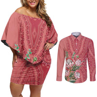 Africa King Proteas Dashiki Motif Couples Matching Off Shoulder Short Dress and Long Sleeve Button Shirt Peach Style LT9 - Wonder Print Shop