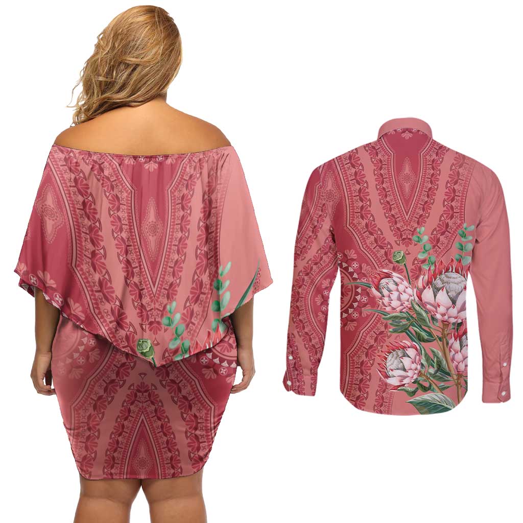 Africa King Proteas Dashiki Motif Couples Matching Off Shoulder Short Dress and Long Sleeve Button Shirt Peach Style LT9 - Wonder Print Shop