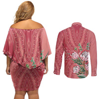 Africa King Proteas Dashiki Motif Couples Matching Off Shoulder Short Dress and Long Sleeve Button Shirt Peach Style LT9 - Wonder Print Shop