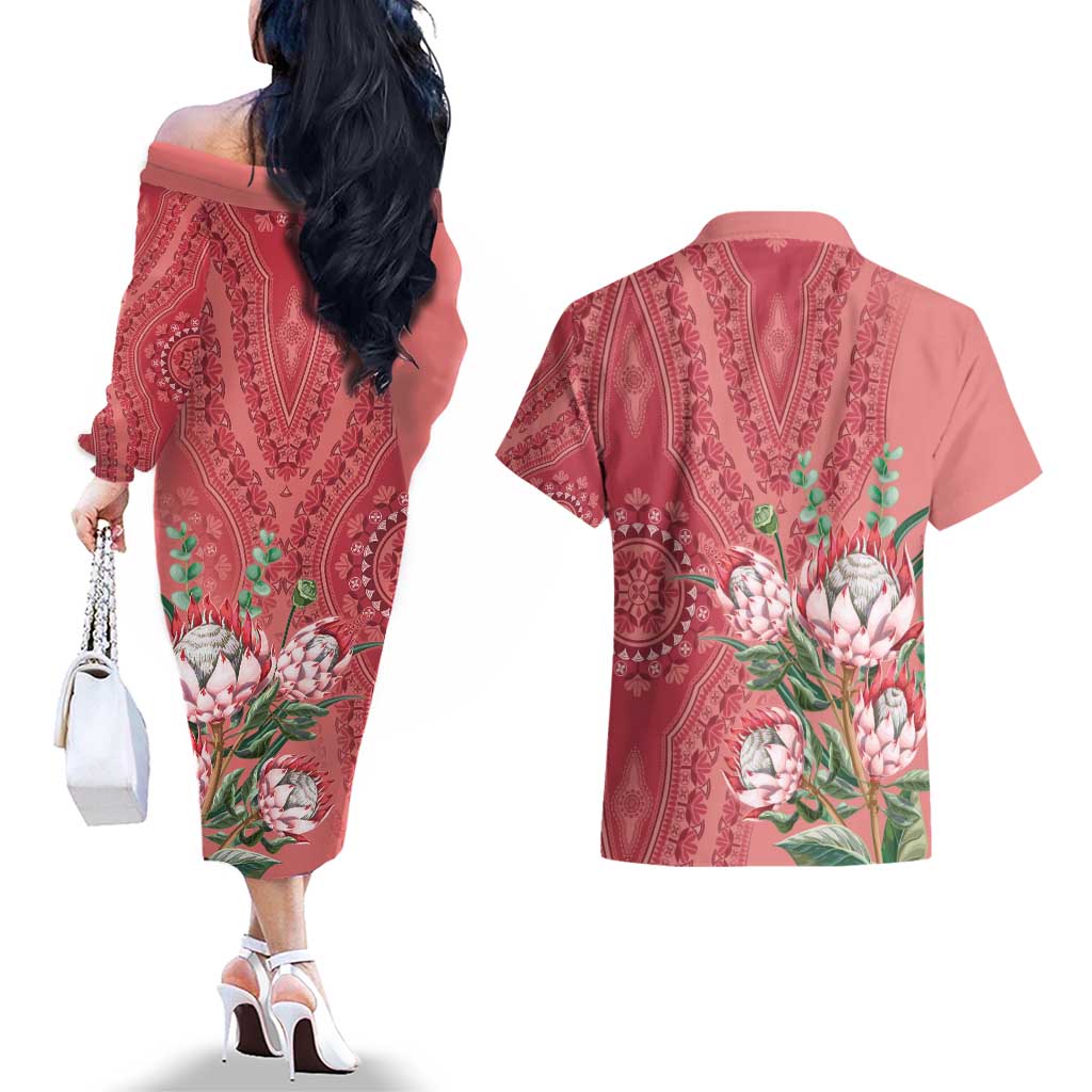 Africa King Proteas Dashiki Motif Couples Matching Off The Shoulder Long Sleeve Dress and Hawaiian Shirt Peach Style LT9 - Wonder Print Shop