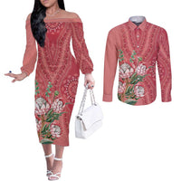 Africa King Proteas Dashiki Motif Couples Matching Off The Shoulder Long Sleeve Dress and Long Sleeve Button Shirt Peach Style