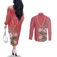 Africa King Proteas Dashiki Motif Couples Matching Off The Shoulder Long Sleeve Dress and Long Sleeve Button Shirt Peach Style