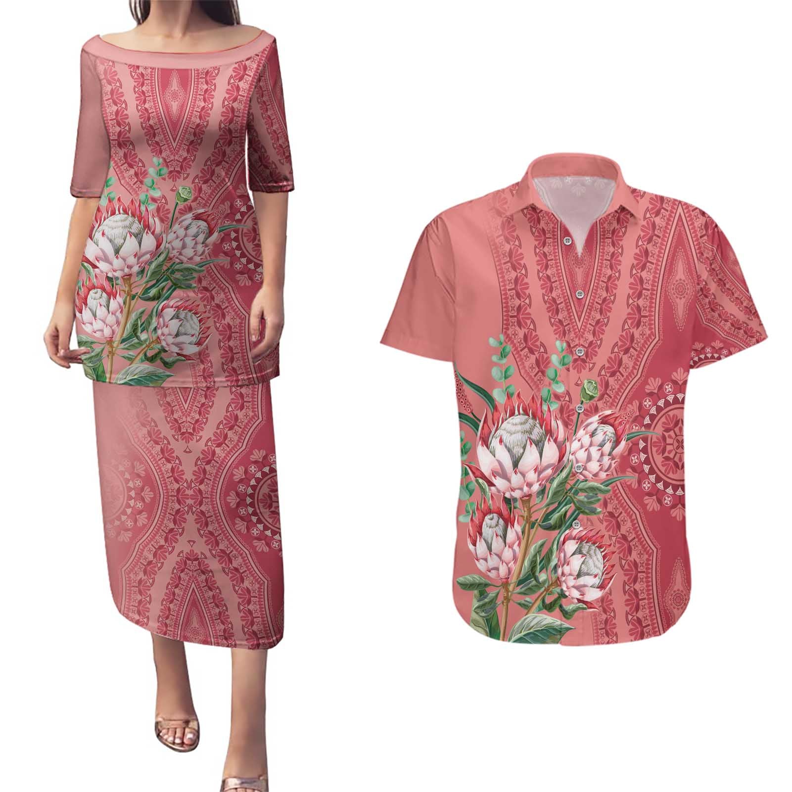 Africa King Proteas Dashiki Motif Couples Matching Puletasi and Hawaiian Shirt Peach Style LT9 - Wonder Print Shop
