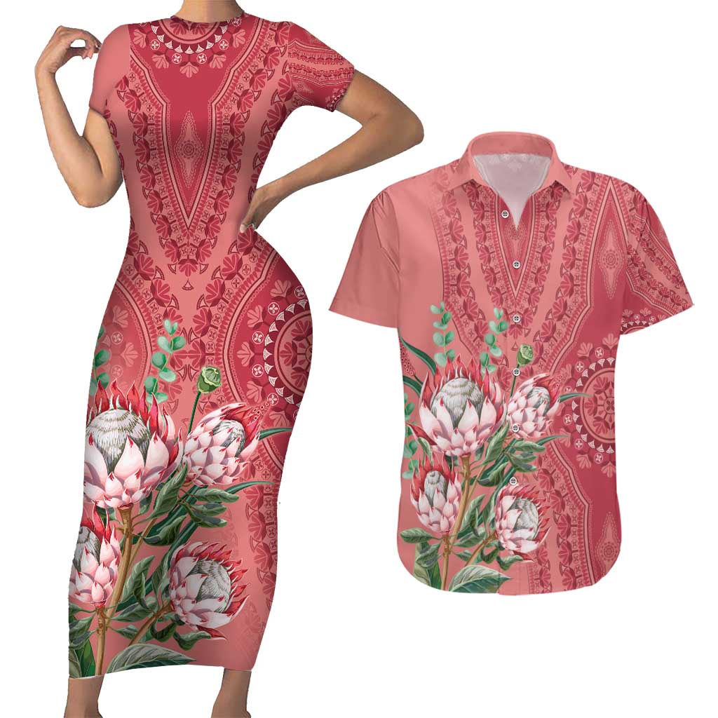 Africa King Proteas Dashiki Motif Couples Matching Short Sleeve Bodycon Dress and Hawaiian Shirt Peach Style LT9 - Wonder Print Shop