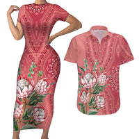 Africa King Proteas Dashiki Motif Couples Matching Short Sleeve Bodycon Dress and Hawaiian Shirt Peach Style LT9 - Wonder Print Shop