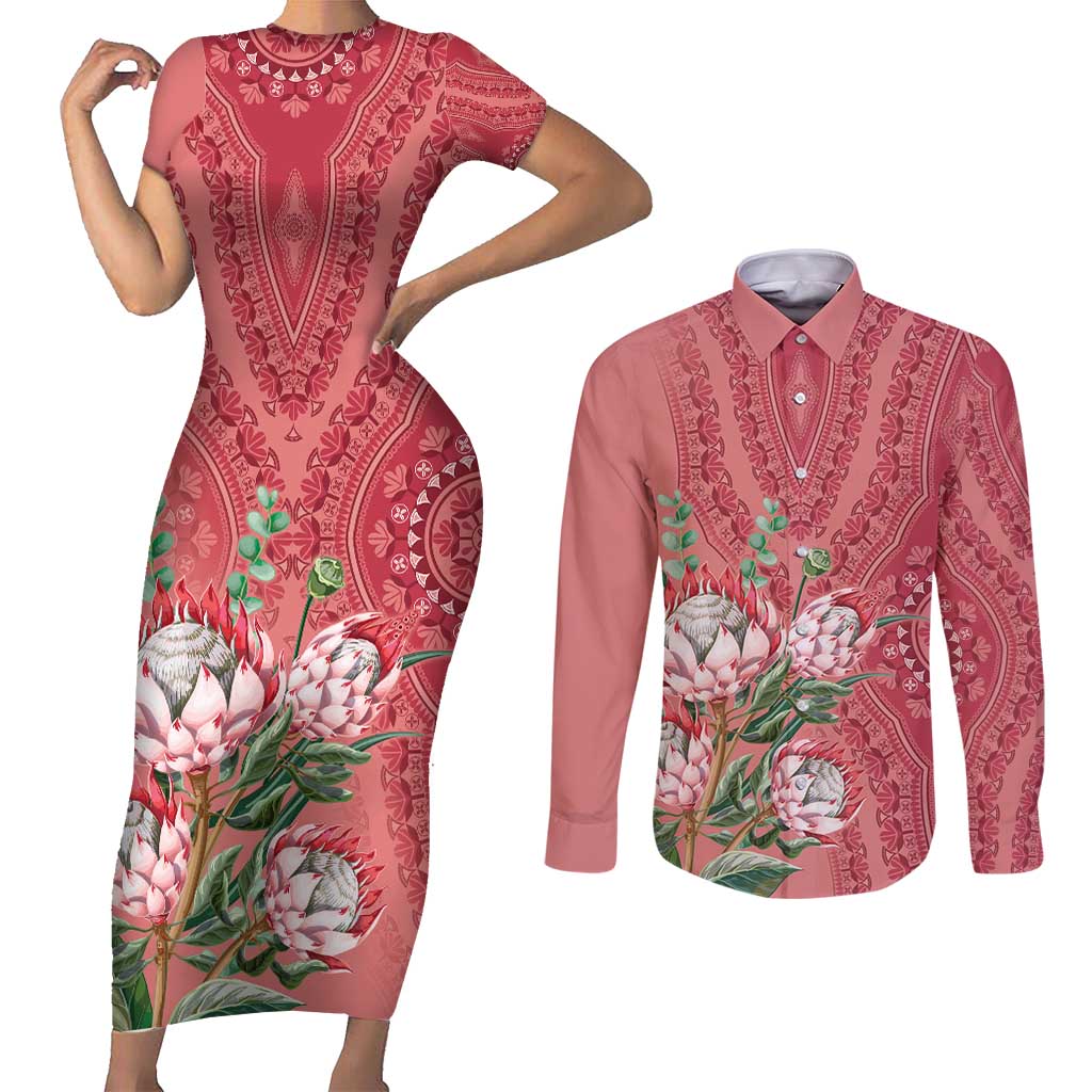 Africa King Proteas Dashiki Motif Couples Matching Short Sleeve Bodycon Dress and Long Sleeve Button Shirt Peach Style LT9 - Wonder Print Shop