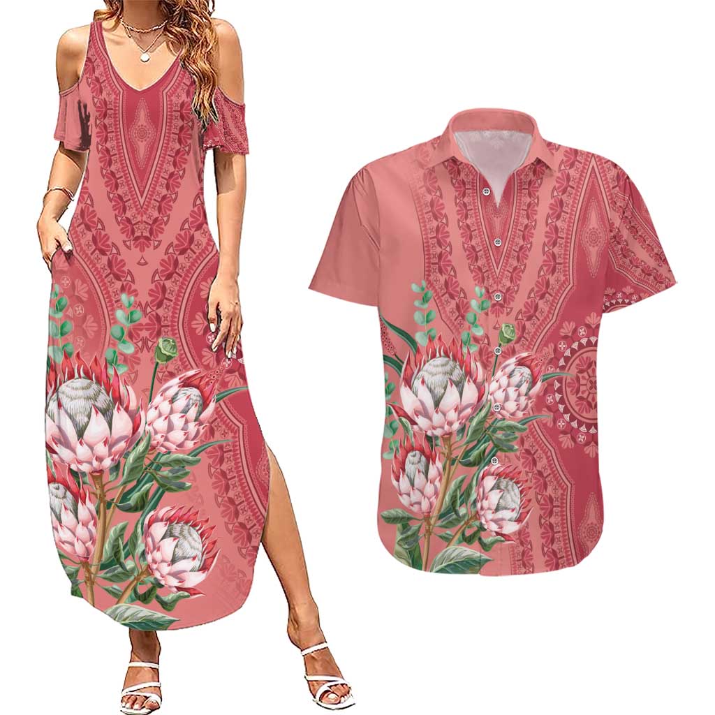 Africa King Proteas Dashiki Motif Couples Matching Summer Maxi Dress and Hawaiian Shirt Peach Style LT9 - Wonder Print Shop
