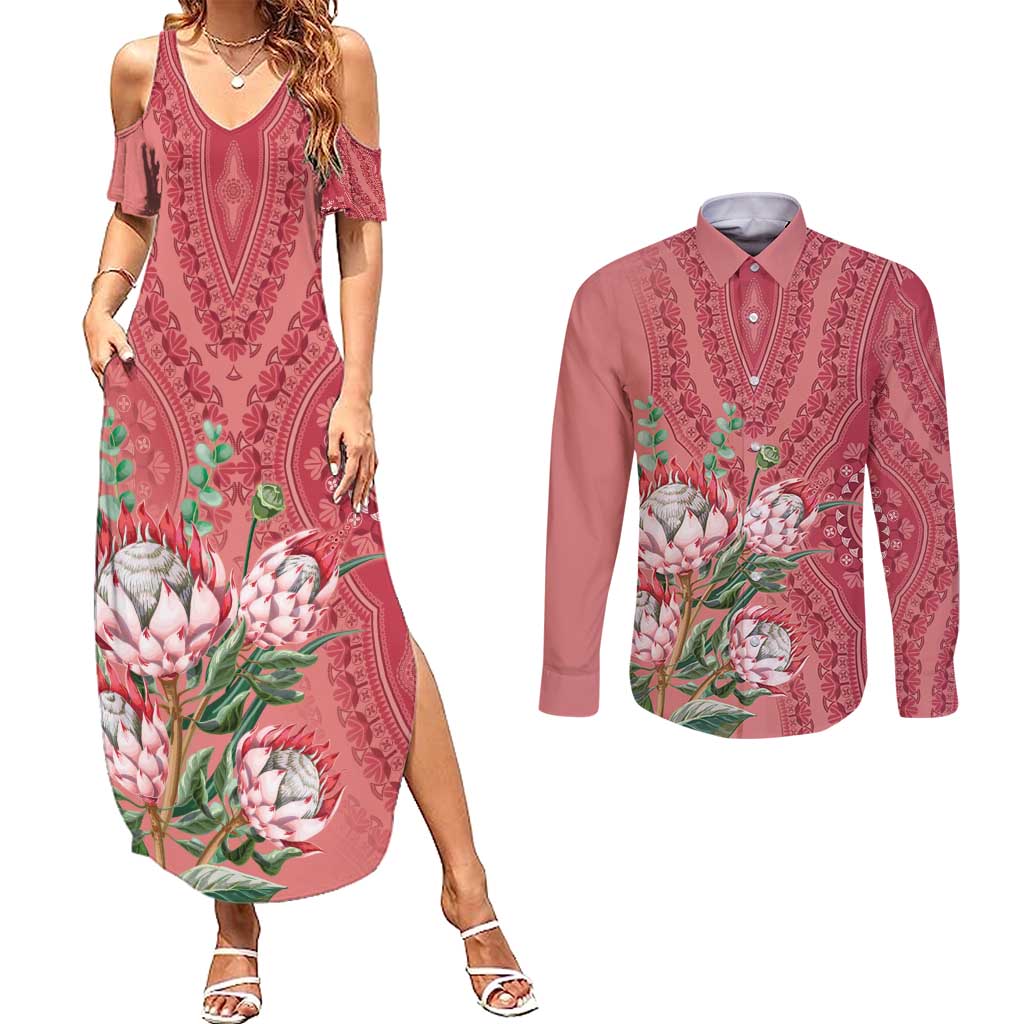 Africa King Proteas Dashiki Motif Couples Matching Summer Maxi Dress and Long Sleeve Button Shirt Peach Style LT9 - Wonder Print Shop