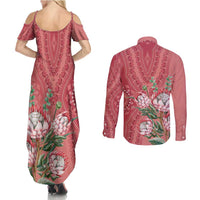 Africa King Proteas Dashiki Motif Couples Matching Summer Maxi Dress and Long Sleeve Button Shirt Peach Style LT9 - Wonder Print Shop