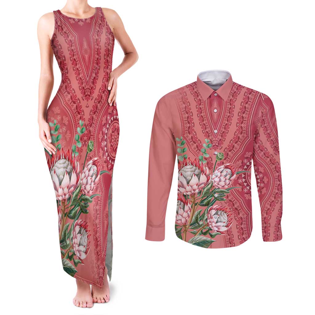 Africa King Proteas Dashiki Motif Couples Matching Tank Maxi Dress and Long Sleeve Button Shirt Peach Style LT9 - Wonder Print Shop