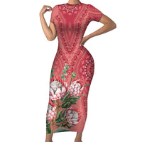Africa King Proteas Dashiki Motif Family Matching Short Sleeve Bodycon Dress and Hawaiian Shirt Peach Style - Wonder Print Shop
