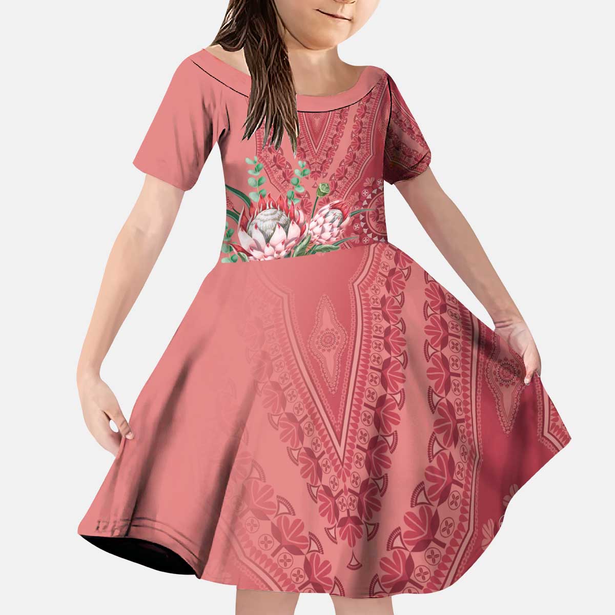Africa King Proteas Dashiki Motif Kid Short Sleeve Dress Peach Style - Wonder Print Shop