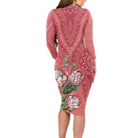 Africa King Proteas Dashiki Motif Long Sleeve Bodycon Dress Peach Style - Wonder Print Shop