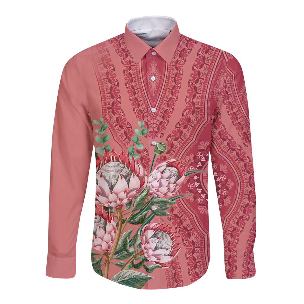 Africa King Proteas Dashiki Motif Long Sleeve Button Shirt Peach Style - Wonder Print Shop
