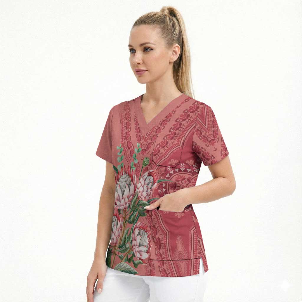 Africa King Proteas Dashiki Motif Scrub Top Peach Style