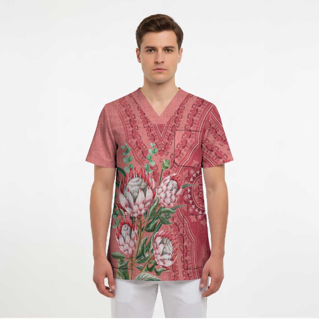 Africa King Proteas Dashiki Motif Scrub Top Peach Style