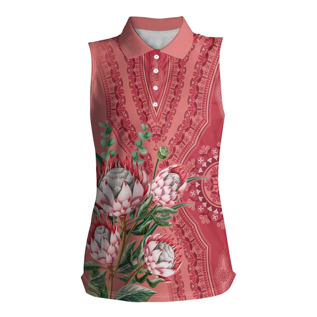 Africa King Proteas Dashiki Motif Women Sleeveless Polo Shirt Peach Style - Wonder Print Shop