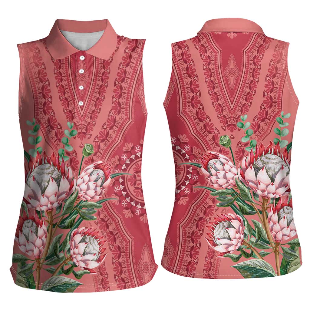 Africa King Proteas Dashiki Motif Women Sleeveless Polo Shirt Peach Style - Wonder Print Shop