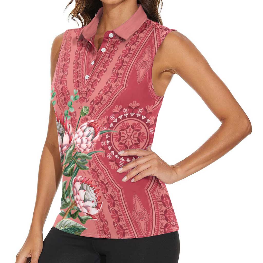 Africa King Proteas Dashiki Motif Women Sleeveless Polo Shirt Peach Style - Wonder Print Shop
