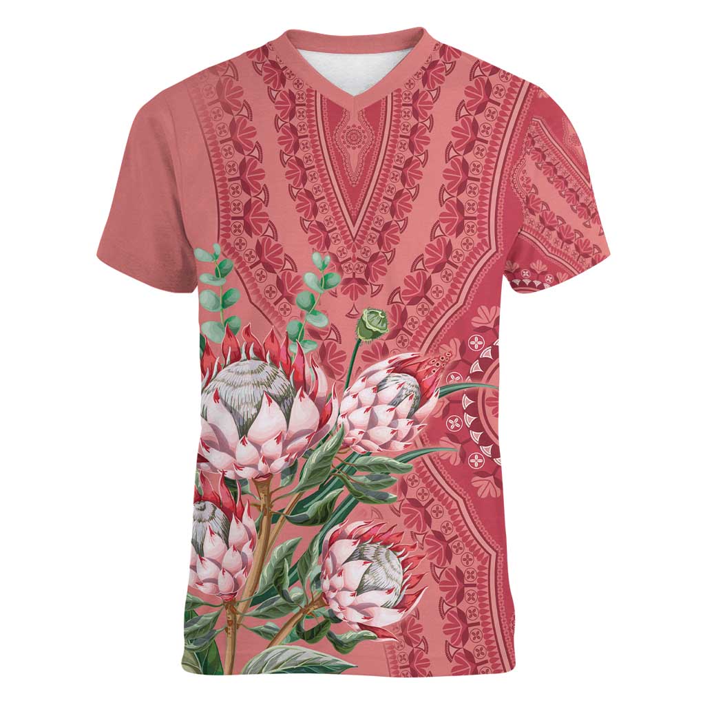 Africa King Proteas Dashiki Motif Women V-Neck T-Shirt Peach Style - Wonder Print Shop