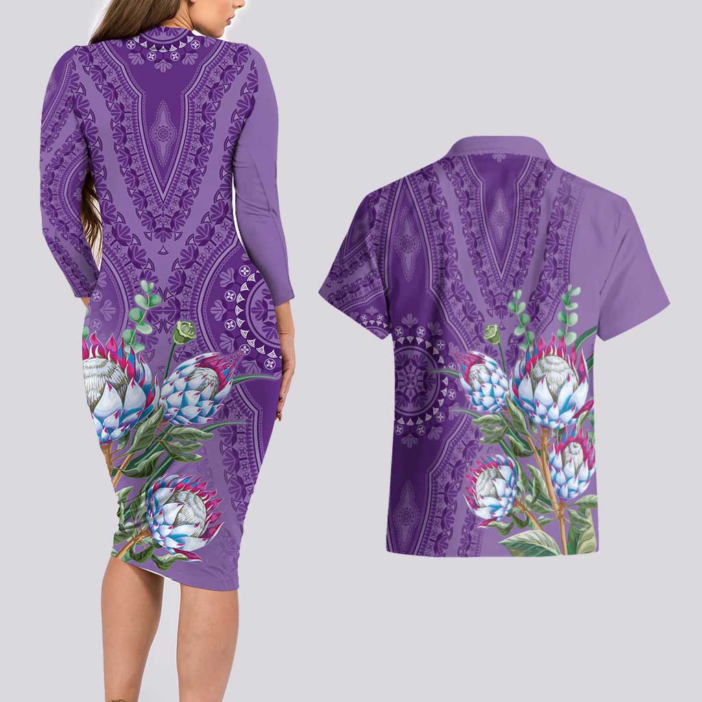 Africa King Proteas Dashiki Motif Couples Matching Long Sleeve Bodycon Dress and Hawaiian Shirt Violet Style LT9 - Wonder Print Shop