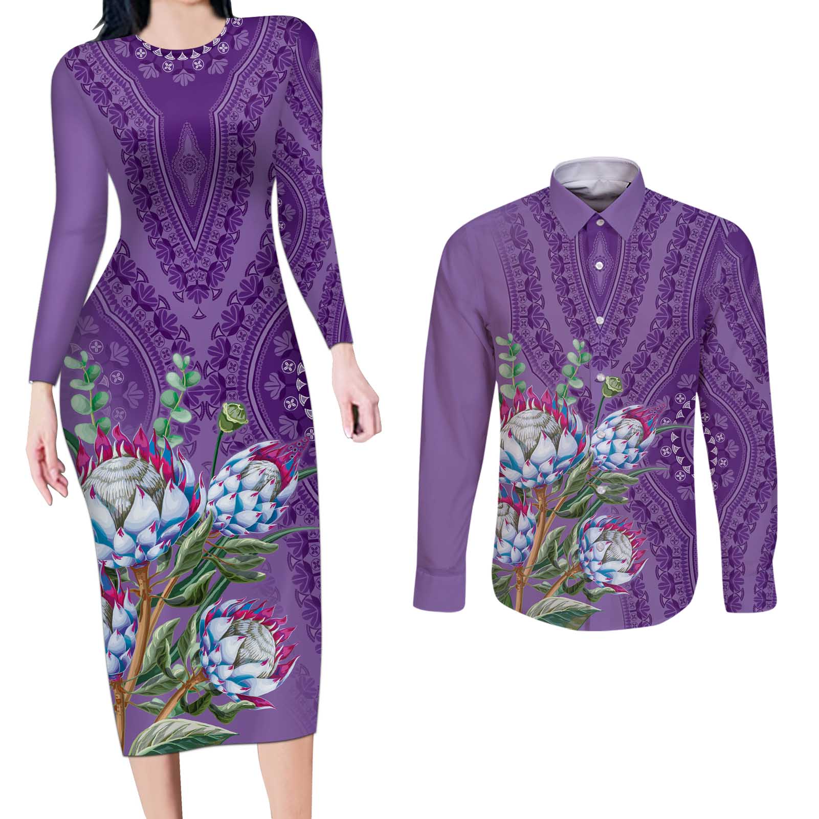 Africa King Proteas Dashiki Motif Couples Matching Long Sleeve Bodycon Dress and Long Sleeve Button Shirt Violet Style LT9 - Wonder Print Shop