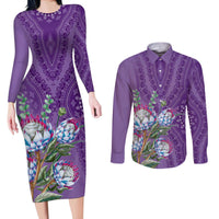 Africa King Proteas Dashiki Motif Couples Matching Long Sleeve Bodycon Dress and Long Sleeve Button Shirt Violet Style LT9 - Wonder Print Shop