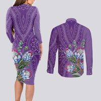 Africa King Proteas Dashiki Motif Couples Matching Long Sleeve Bodycon Dress and Long Sleeve Button Shirt Violet Style LT9 - Wonder Print Shop