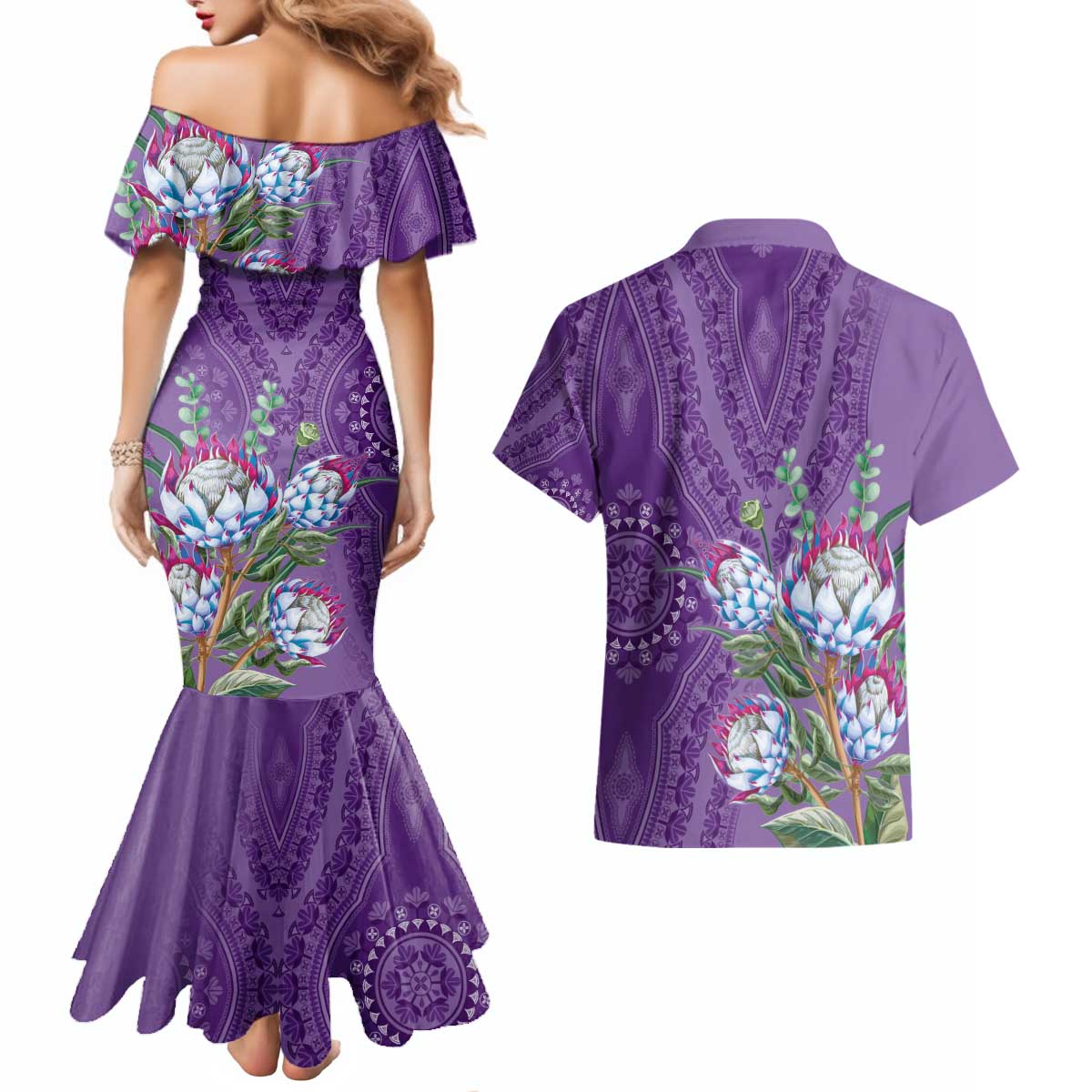 Africa King Proteas Dashiki Motif Couples Matching Mermaid Dress and Hawaiian Shirt Violet Style LT9 - Wonder Print Shop