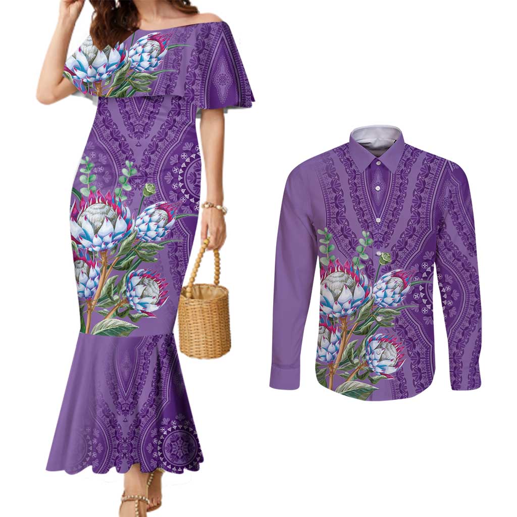 Africa King Proteas Dashiki Motif Couples Matching Mermaid Dress and Long Sleeve Button Shirt Violet Style