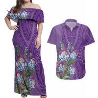 Africa King Proteas Dashiki Motif Couples Matching Off Shoulder Maxi Dress and Hawaiian Shirt Violet Style LT9 - Wonder Print Shop