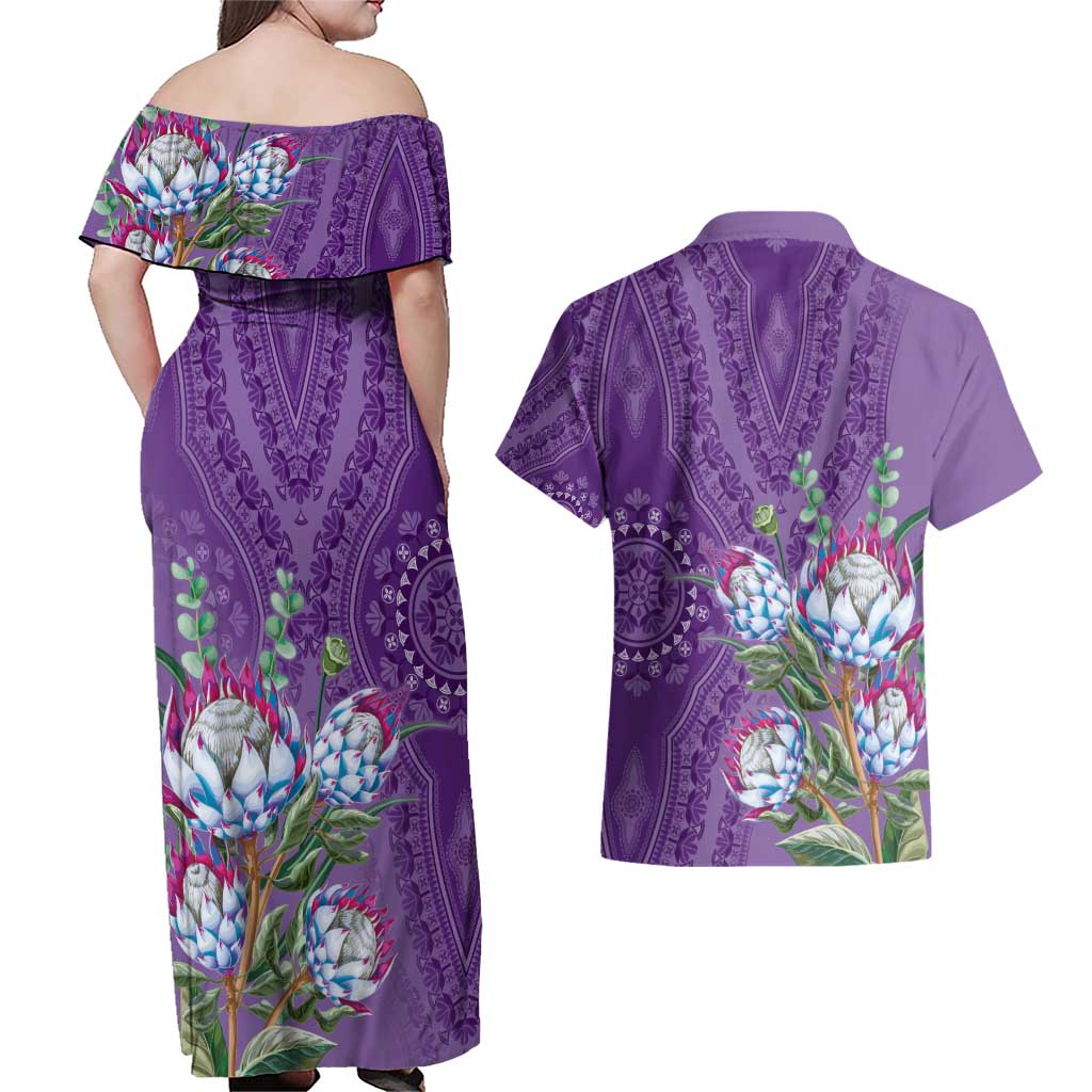 Africa King Proteas Dashiki Motif Couples Matching Off Shoulder Maxi Dress and Hawaiian Shirt Violet Style LT9 - Wonder Print Shop
