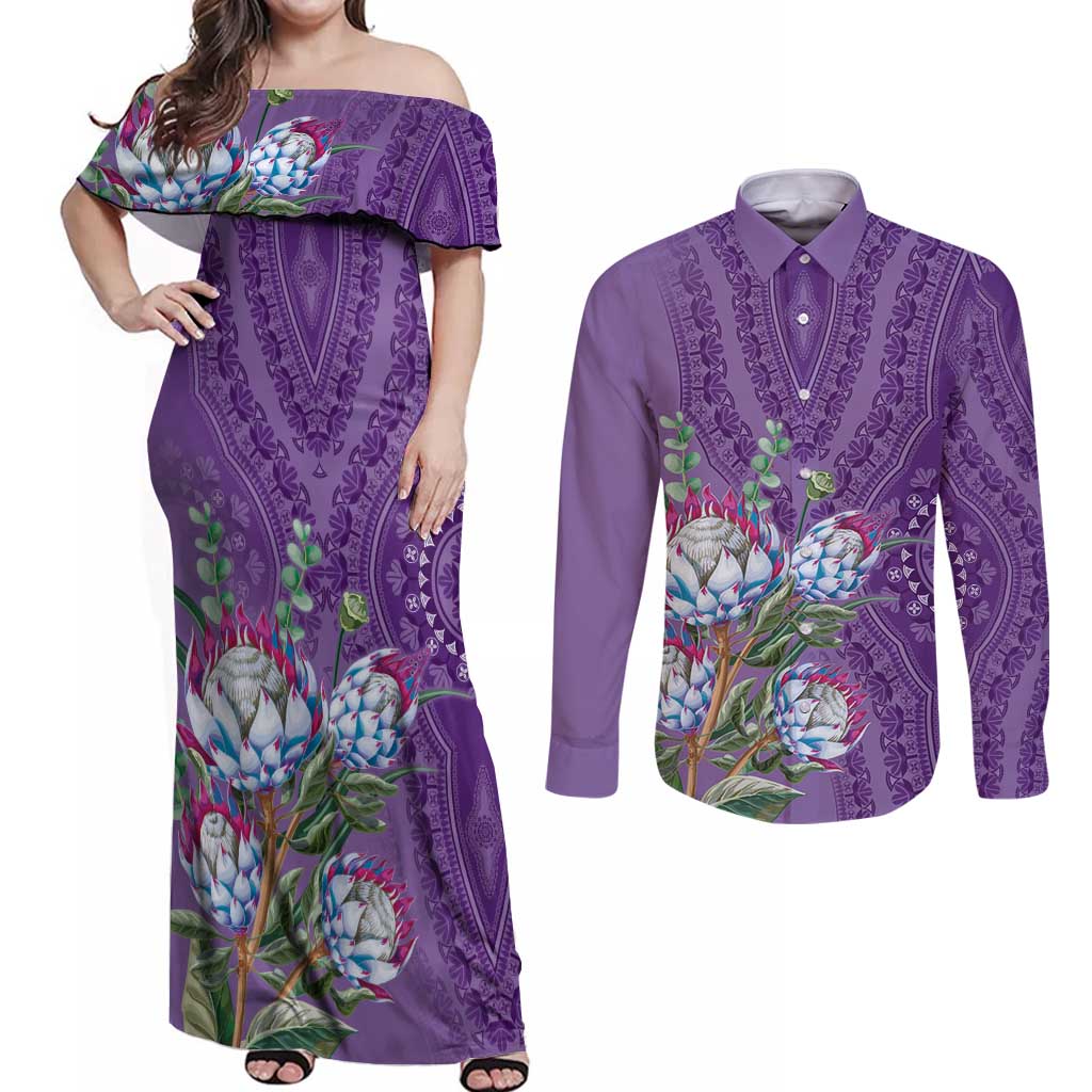 Africa King Proteas Dashiki Motif Couples Matching Off Shoulder Maxi Dress and Long Sleeve Button Shirt Violet Style LT9 - Wonder Print Shop