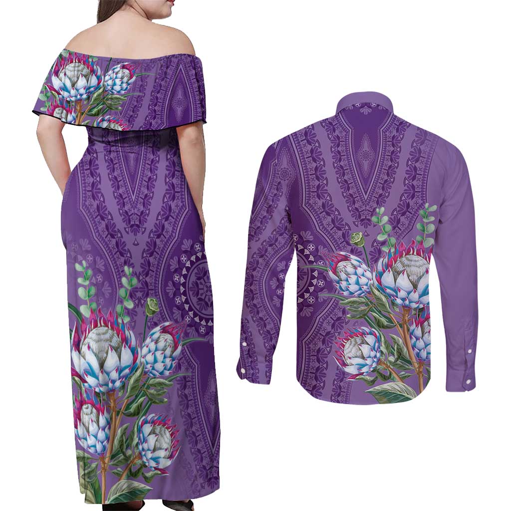 Africa King Proteas Dashiki Motif Couples Matching Off Shoulder Maxi Dress and Long Sleeve Button Shirt Violet Style LT9 - Wonder Print Shop