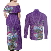 Africa King Proteas Dashiki Motif Couples Matching Off Shoulder Maxi Dress and Long Sleeve Button Shirt Violet Style LT9 - Wonder Print Shop