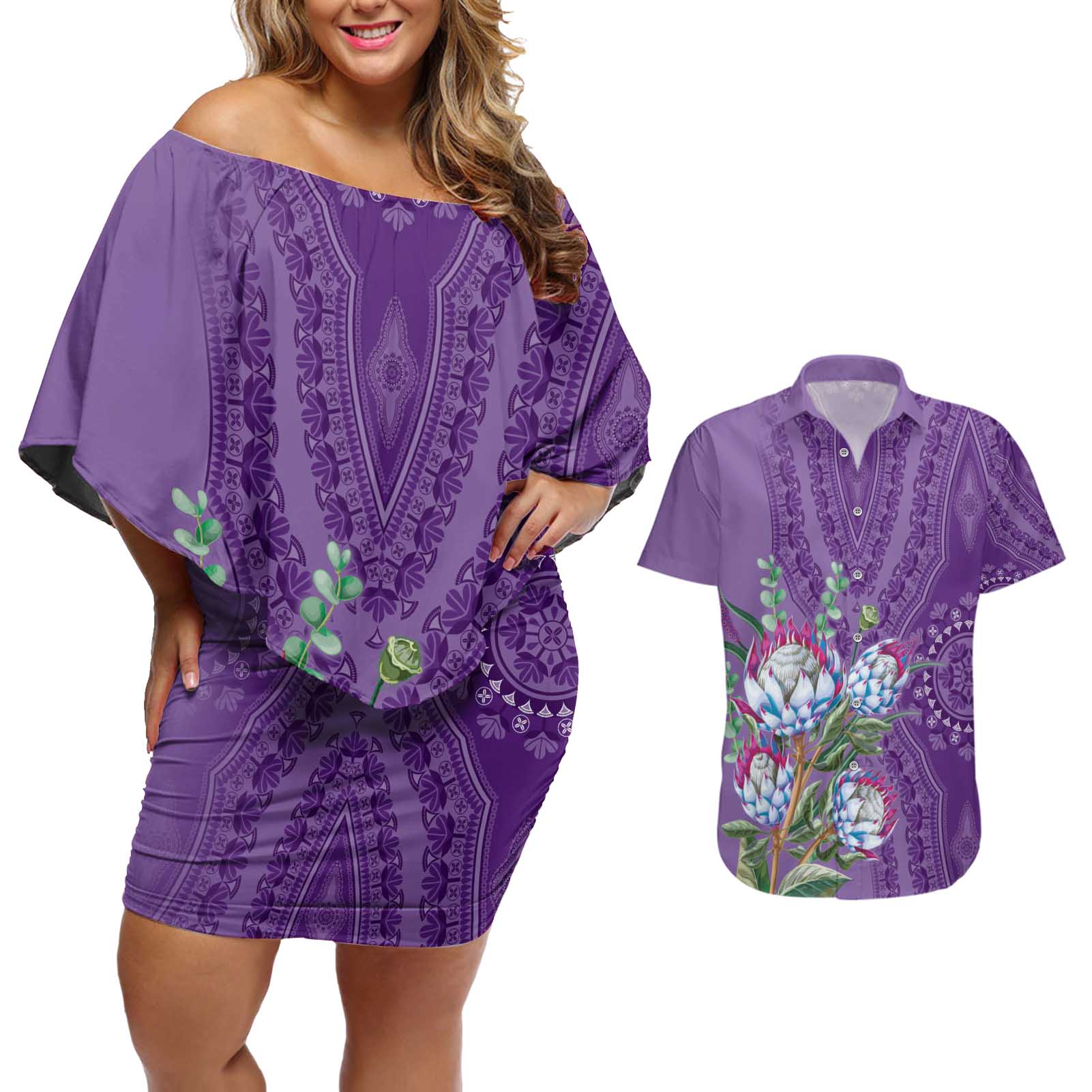 Africa King Proteas Dashiki Motif Couples Matching Off Shoulder Short Dress and Hawaiian Shirt Violet Style LT9 - Wonder Print Shop