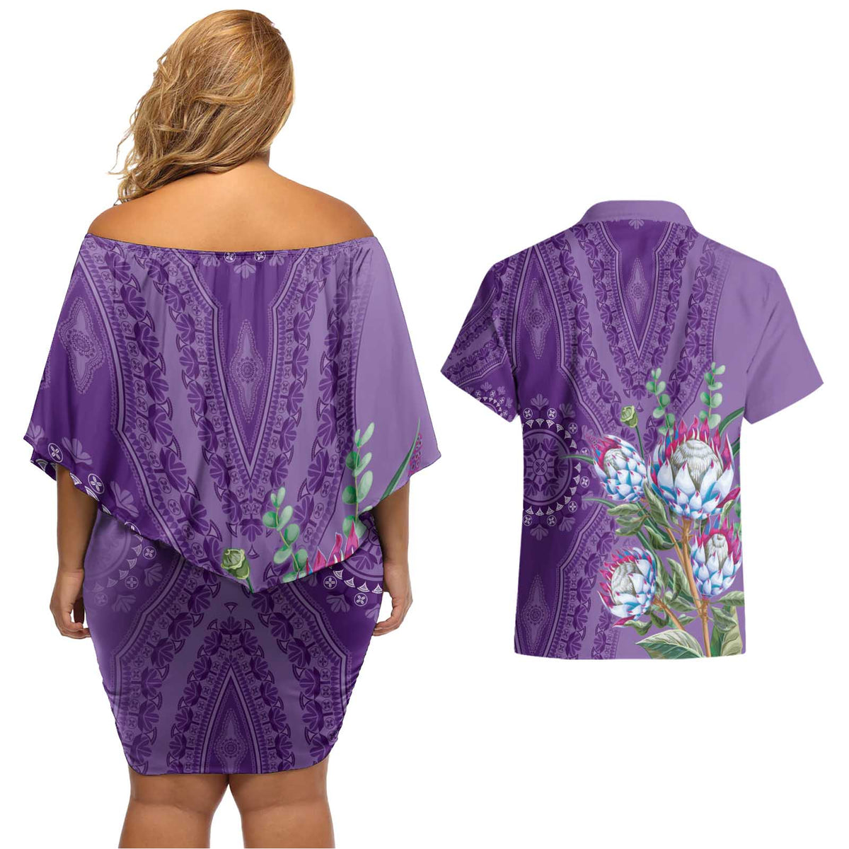Africa King Proteas Dashiki Motif Couples Matching Off Shoulder Short Dress and Hawaiian Shirt Violet Style LT9 - Wonder Print Shop