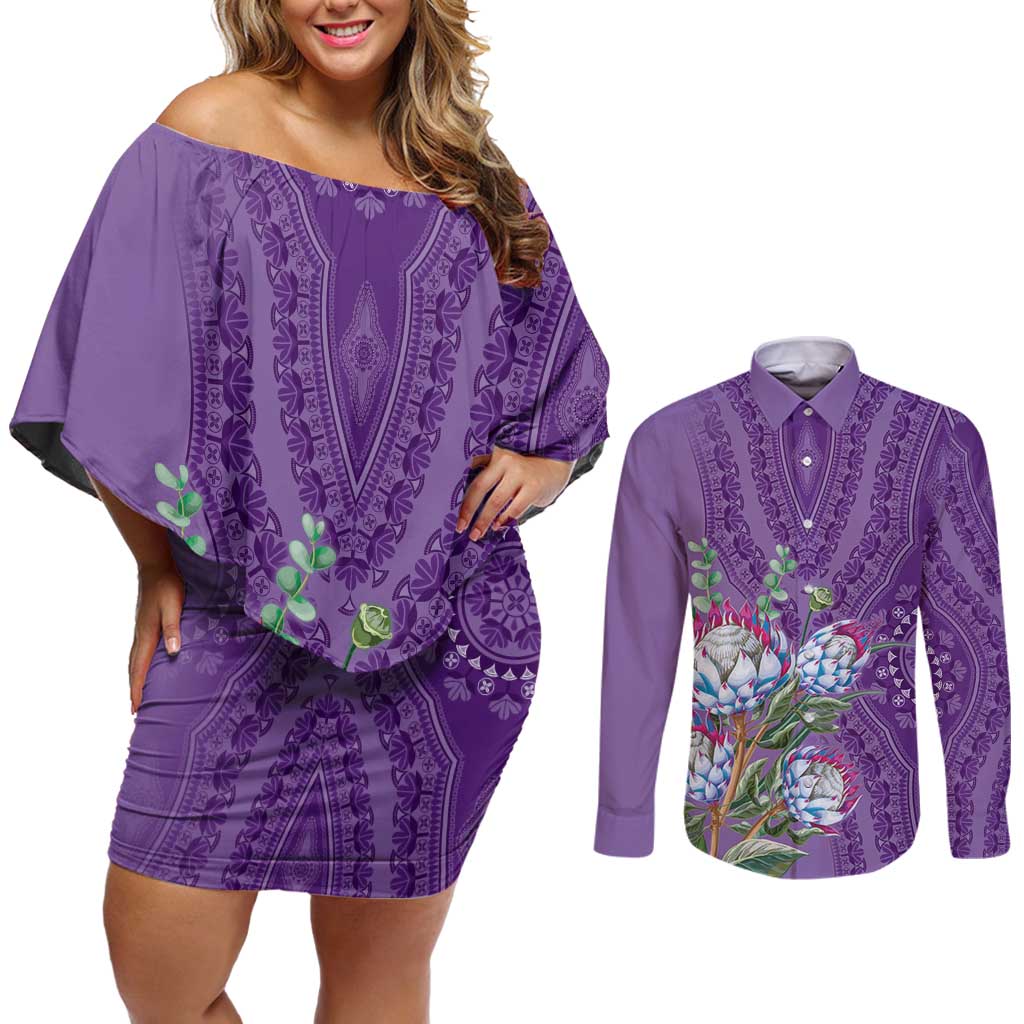 Africa King Proteas Dashiki Motif Couples Matching Off Shoulder Short Dress and Long Sleeve Button Shirt Violet Style LT9 - Wonder Print Shop