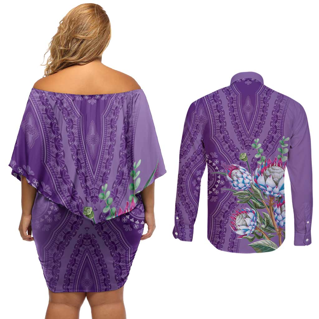 Africa King Proteas Dashiki Motif Couples Matching Off Shoulder Short Dress and Long Sleeve Button Shirt Violet Style LT9 - Wonder Print Shop