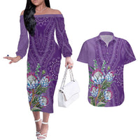 Africa King Proteas Dashiki Motif Couples Matching Off The Shoulder Long Sleeve Dress and Hawaiian Shirt Violet Style LT9 - Wonder Print Shop