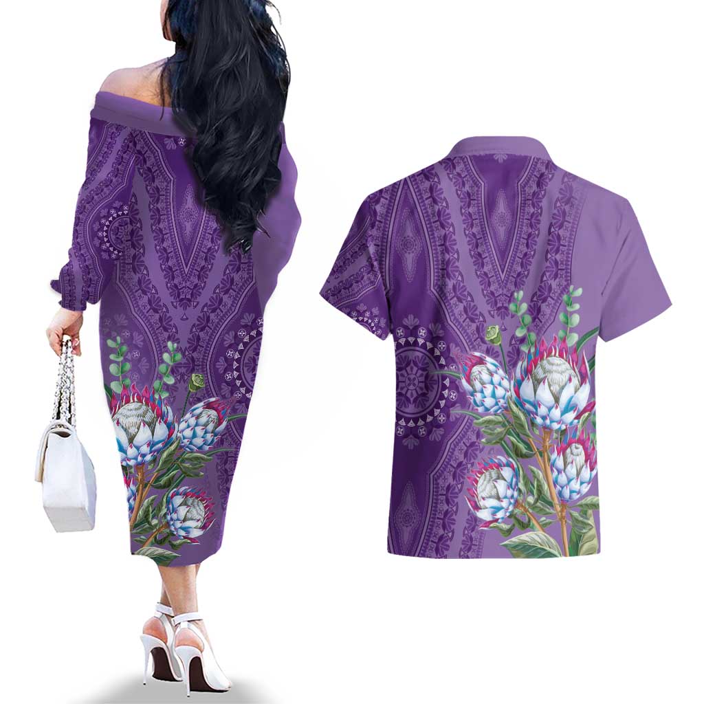 Africa King Proteas Dashiki Motif Couples Matching Off The Shoulder Long Sleeve Dress and Hawaiian Shirt Violet Style LT9 - Wonder Print Shop
