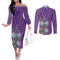 Africa King Proteas Dashiki Motif Couples Matching Off The Shoulder Long Sleeve Dress and Long Sleeve Button Shirt Violet Style