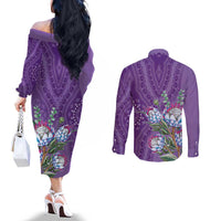 Africa King Proteas Dashiki Motif Couples Matching Off The Shoulder Long Sleeve Dress and Long Sleeve Button Shirt Violet Style