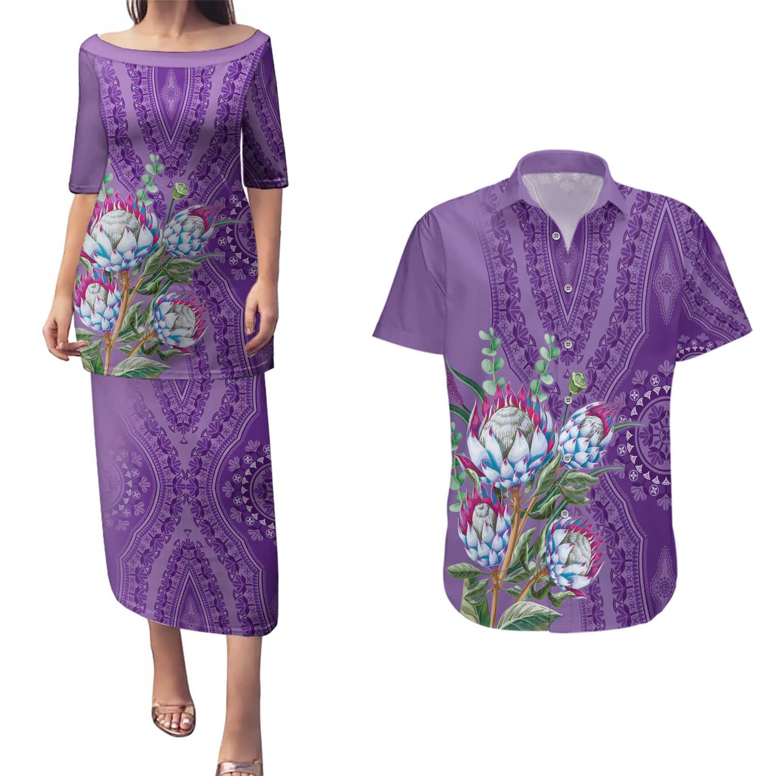 Africa King Proteas Dashiki Motif Couples Matching Puletasi and Hawaiian Shirt Violet Style LT9 - Wonder Print Shop