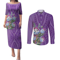Africa King Proteas Dashiki Motif Couples Matching Puletasi and Long Sleeve Button Shirt Violet Style LT9 - Wonder Print Shop