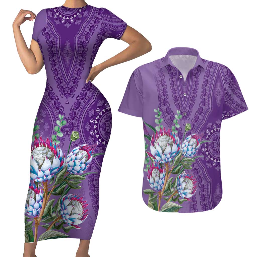Africa King Proteas Dashiki Motif Couples Matching Short Sleeve Bodycon Dress and Hawaiian Shirt Violet Style LT9 - Wonder Print Shop