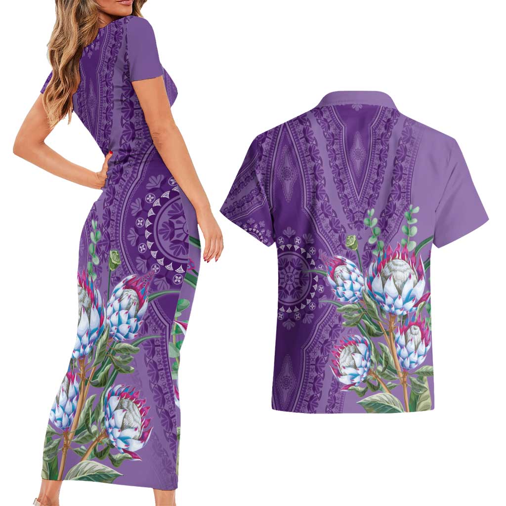 Africa King Proteas Dashiki Motif Couples Matching Short Sleeve Bodycon Dress and Hawaiian Shirt Violet Style LT9 - Wonder Print Shop