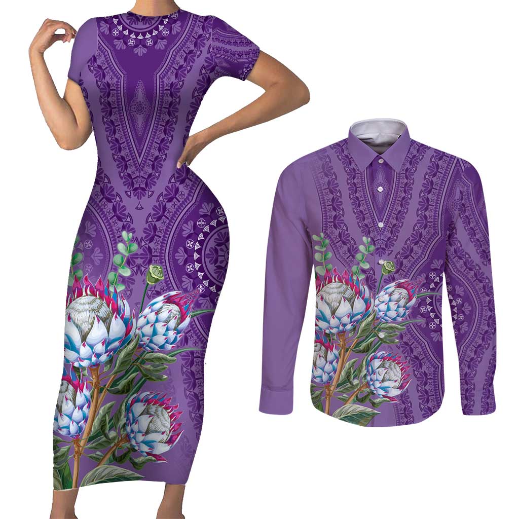 Africa King Proteas Dashiki Motif Couples Matching Short Sleeve Bodycon Dress and Long Sleeve Button Shirt Violet Style LT9 - Wonder Print Shop